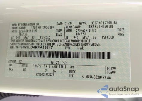 2024 Ford F150 Xlt z USA, uszkodzony, nr VIN 1FTFW3LD4RFA19847